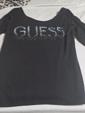 GUESS Black Long-Sleeve Top with Iridescent Rhinestone Logo